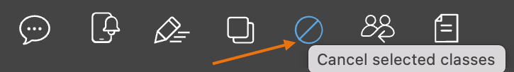Quick Tools bar at the bottom of the Classes page with an orange arrow pointing to the Mass Cancel icon, labeled Cancel selected classes
