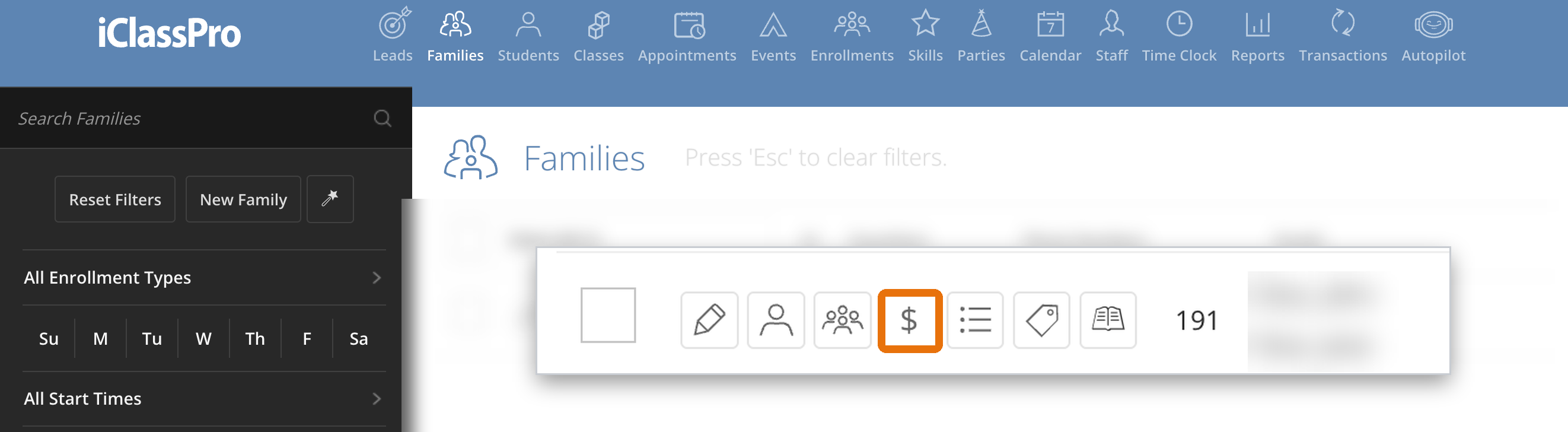 Families page with one search-result row shown enlarged over the blurred results list, with the currency symbol (Ledger icon) boxed in orange