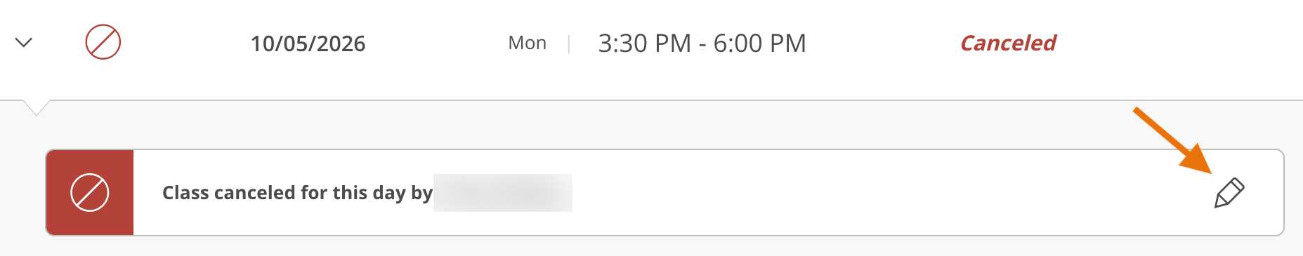 Attendance for a canceled class date with an orange arrow pointing to the pencil icon beside the cancellation note