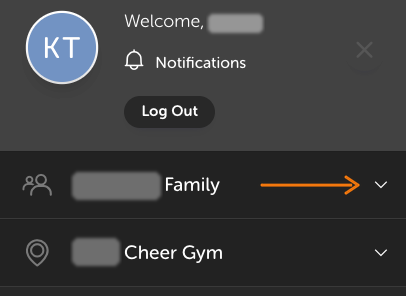 Customer Portal User Menu open, with an orange arrow pointing to the down arrow next to the family account name.
