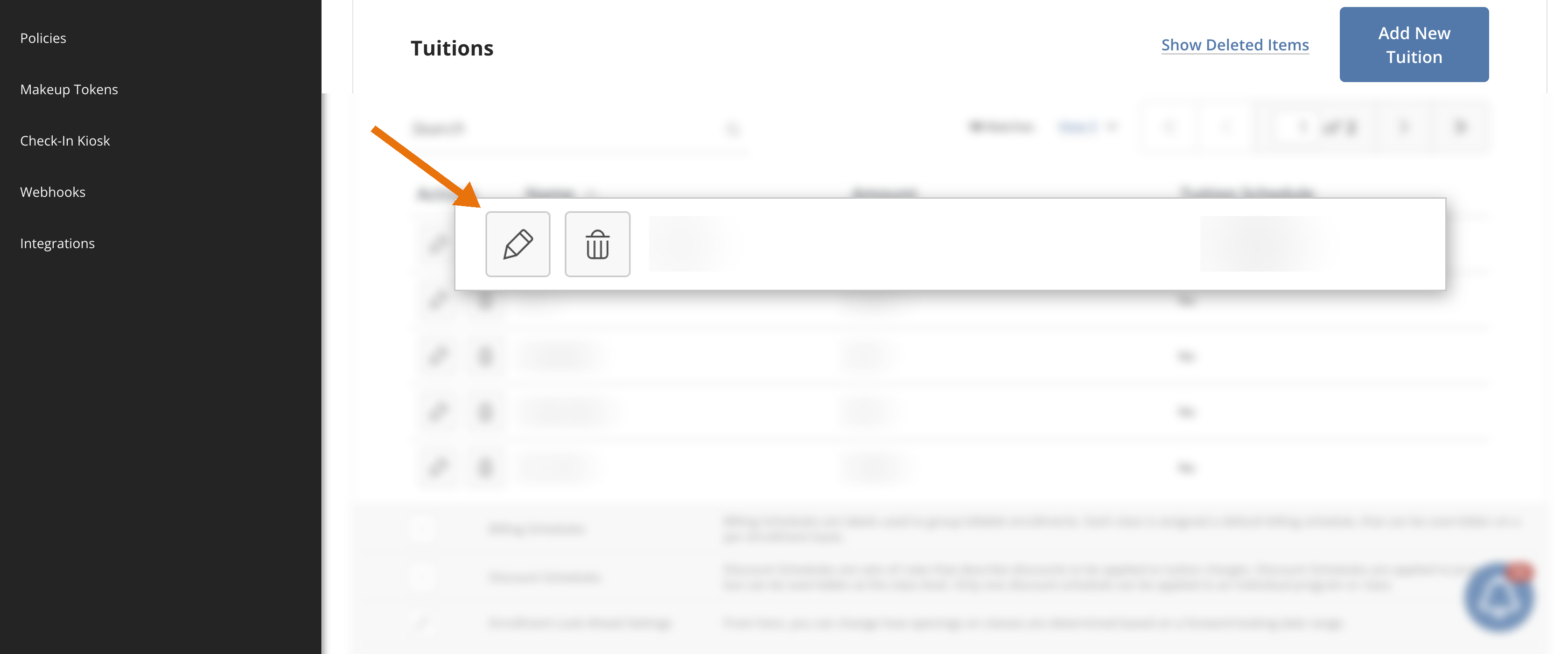 Tuitions list with one tuition row shown enlarged and the pencil (edit) icon at the left of the row marked with an orange arrow