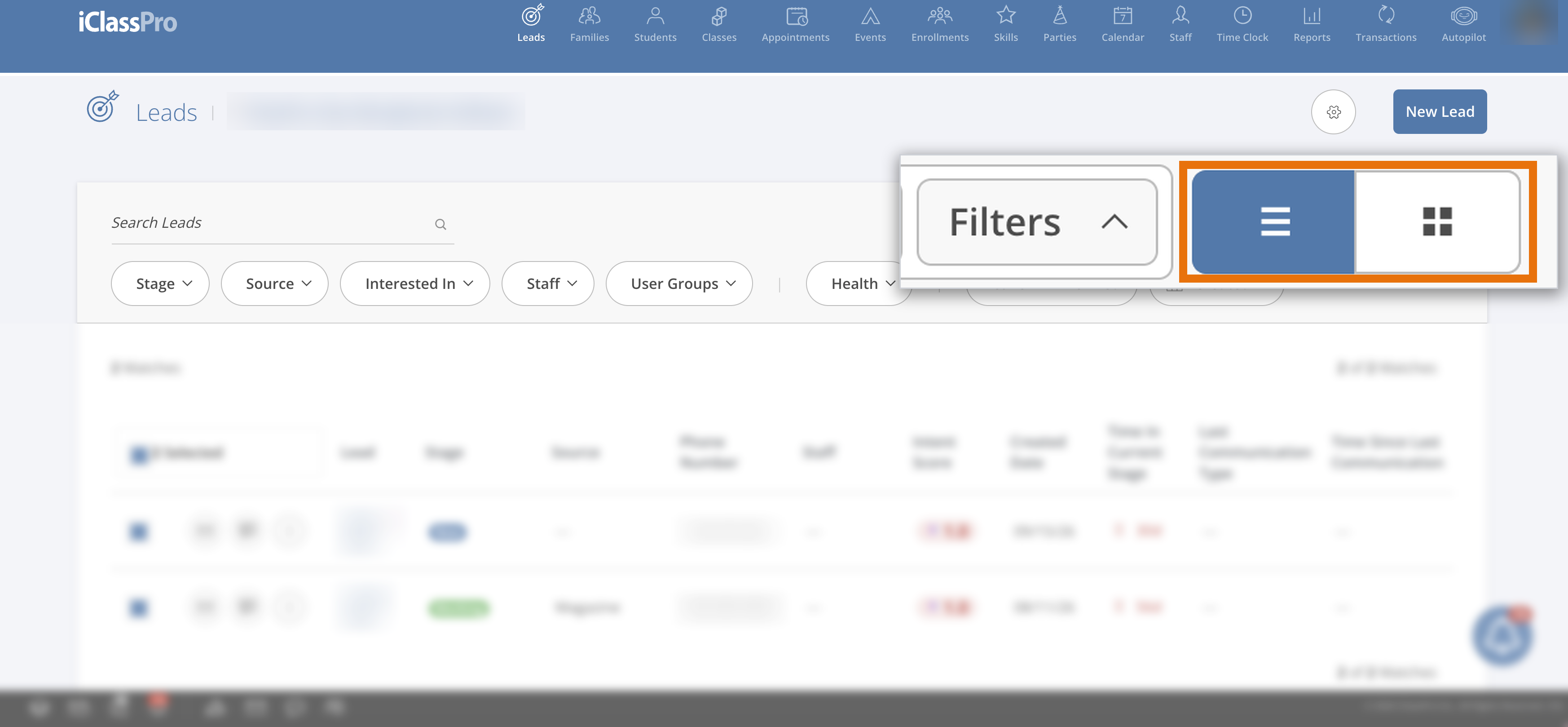 Leads page toolbar with the List view and Kanban view buttons, to the right of Filters, boxed in orange