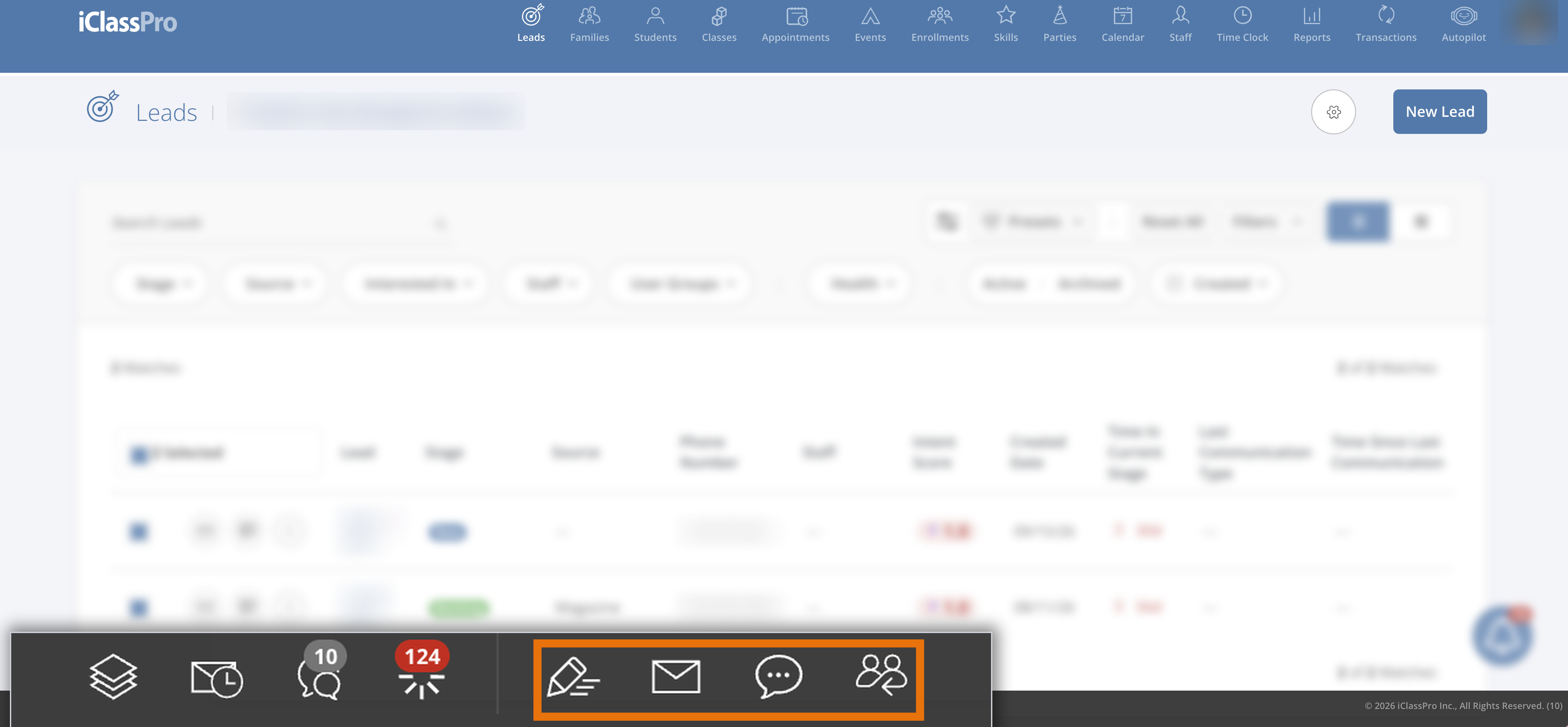 Leads page in List view with two leads checked and the four Quick Tools icons in the action bar at the bottom of the screen boxed in orange