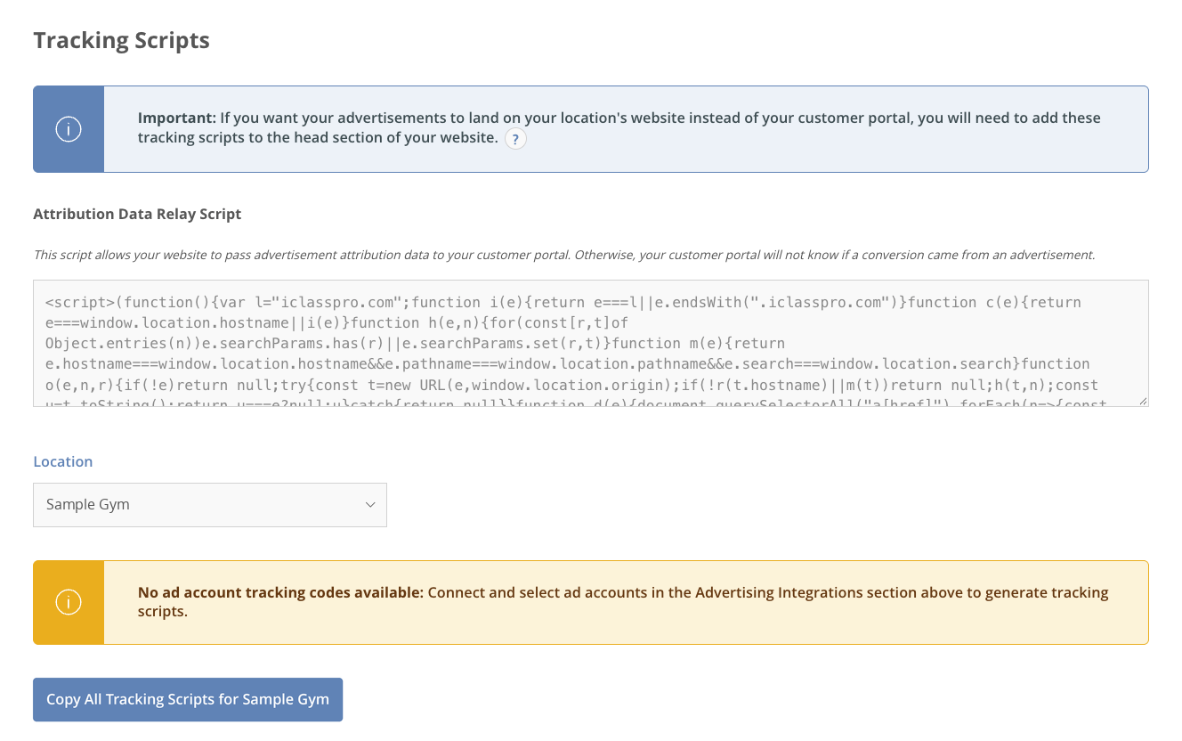 Marketing Journey settings showing the Attribution Data Relay Script field and the Copy All Tracking Scripts button